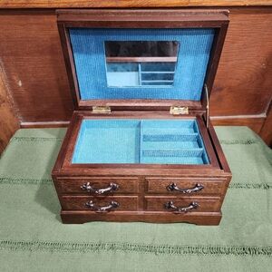 Vintage Music Wooden Jewelry Box with Mirror - Brown and Blue